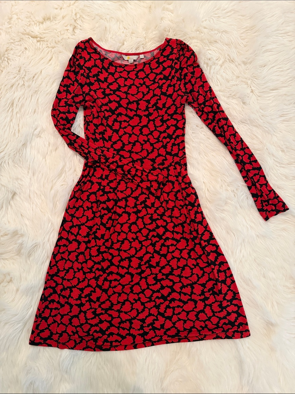 Boden Red and Black Long-Sleeve Fit-and-Flare Dress